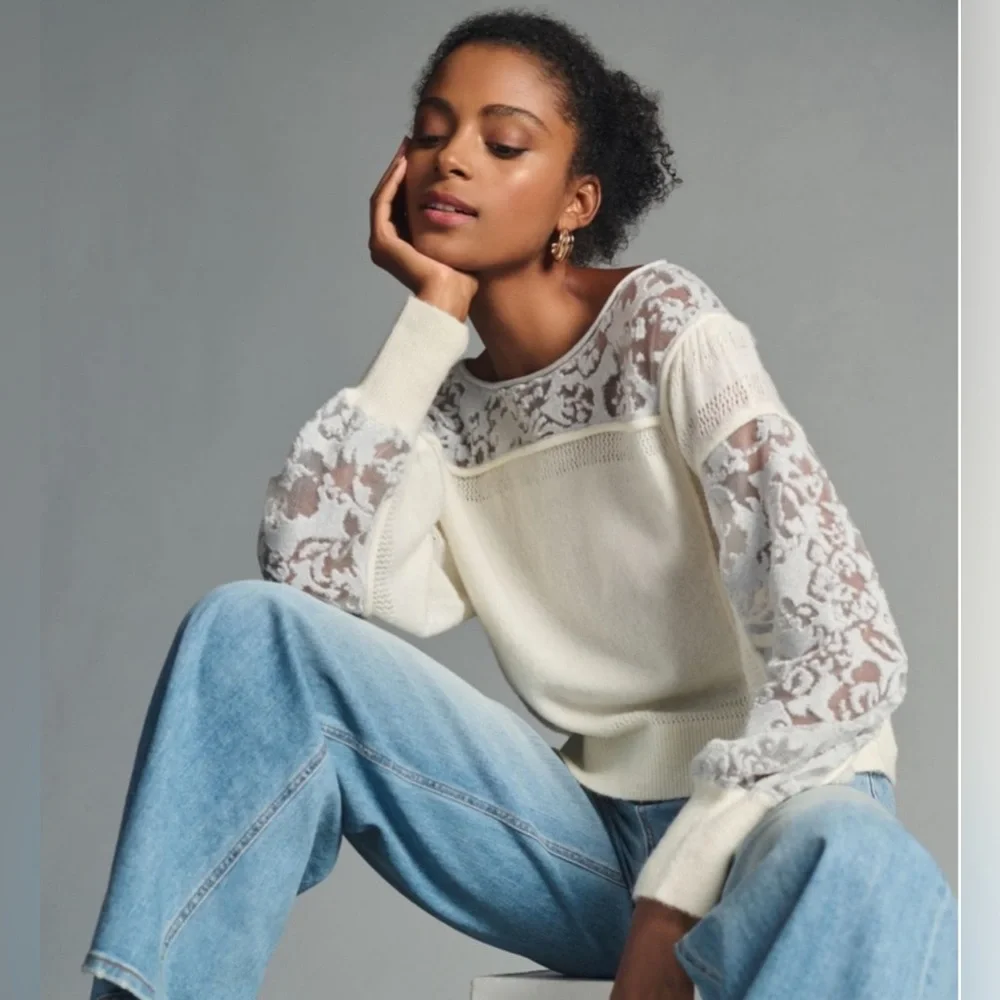 ANTHROPOLOGIE Plus 1X Ivory Pewter Balloon Sleeve Wool Blend Boho Lace Sweater - Picture 3 of 16